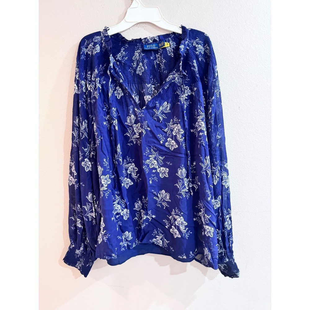 Polo Ralph Lauren Womens Blue Floral Smocked‎ V Neck Long Sleeve Blouse XXL